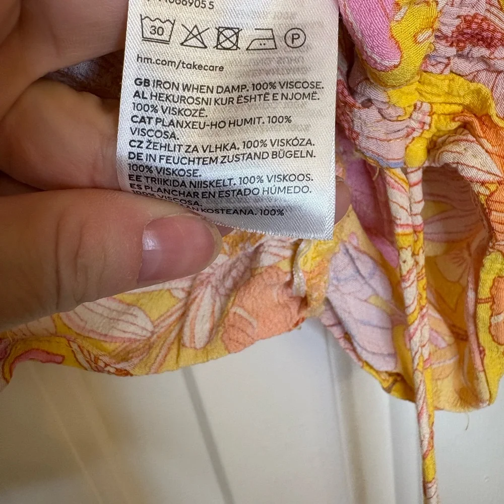 H&M Yellow Pink Floral Puff Sleeve Ruched  Festival Y2K Crop Top Large